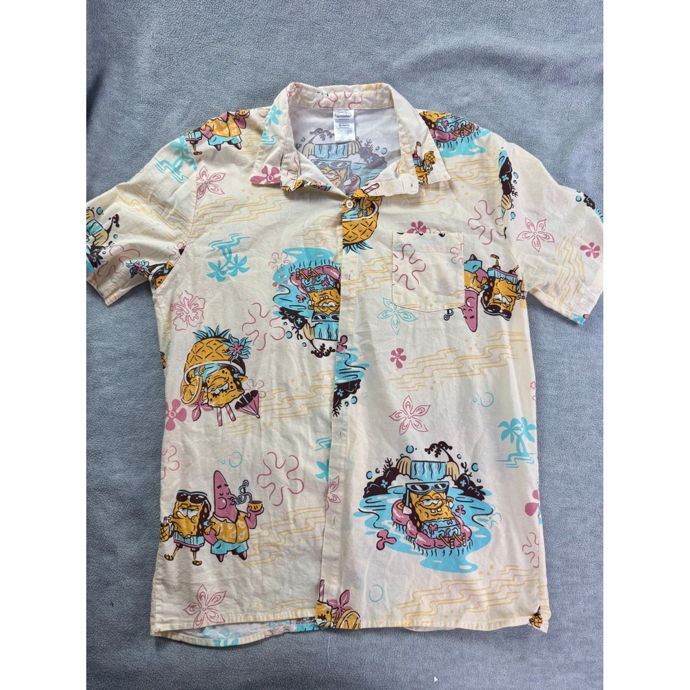 Nickelodeon Spongebob Squarepants Mens XL Tropical Aloha Button Down Shirt Cream
